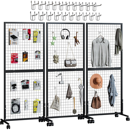 Maeklon 3 Pack Grid Wall Panel Display Stand, Wire Grid Wall Display Rack with 20 Grid Hooks, Floor-standing Art Display Panels with Wheels, for Art Craft Show, Retail Display