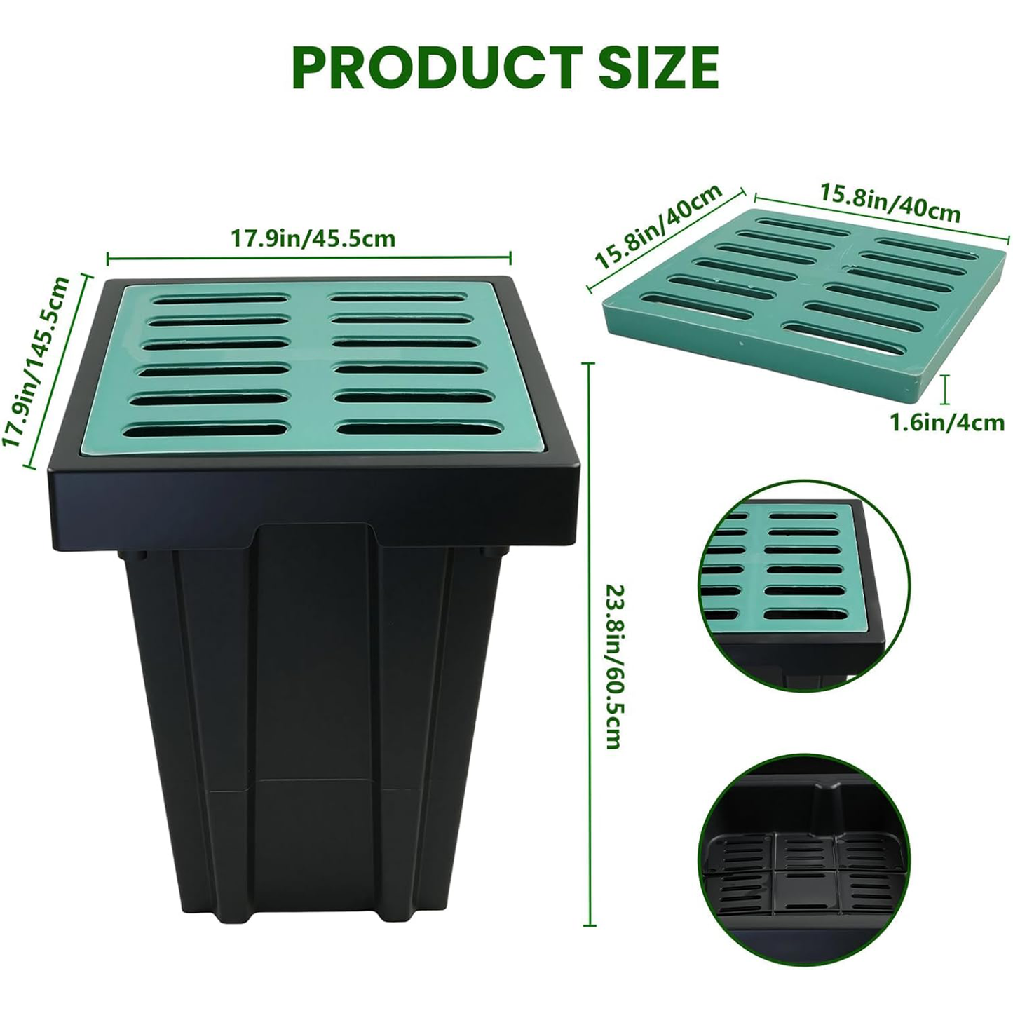 Maeklon 18"x18"x24" Catch Basin with Fiber Glass Grate, Large Catch Basin for Drainage with Debris Basket & Gloves, French Drain Catch Basin for Yard, Downspout, Lawn