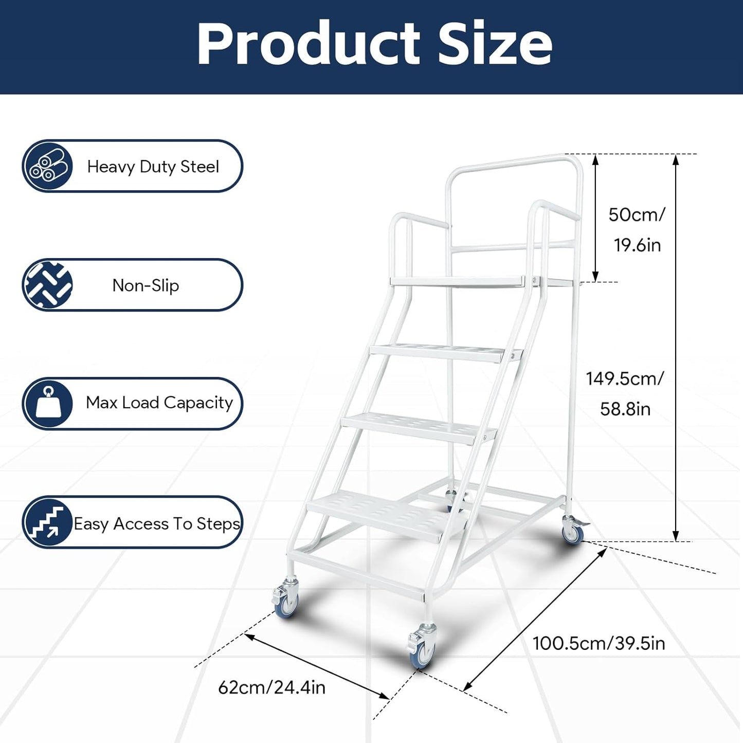 Maeklon 4-Step Rolling Stairs with Wheels,445 LBs Capacity Rolling Platform Ladder,4-Step Ladder with Stair Edge Protector, Heavy Duty Rolling Steps for Industrial & Warehouse