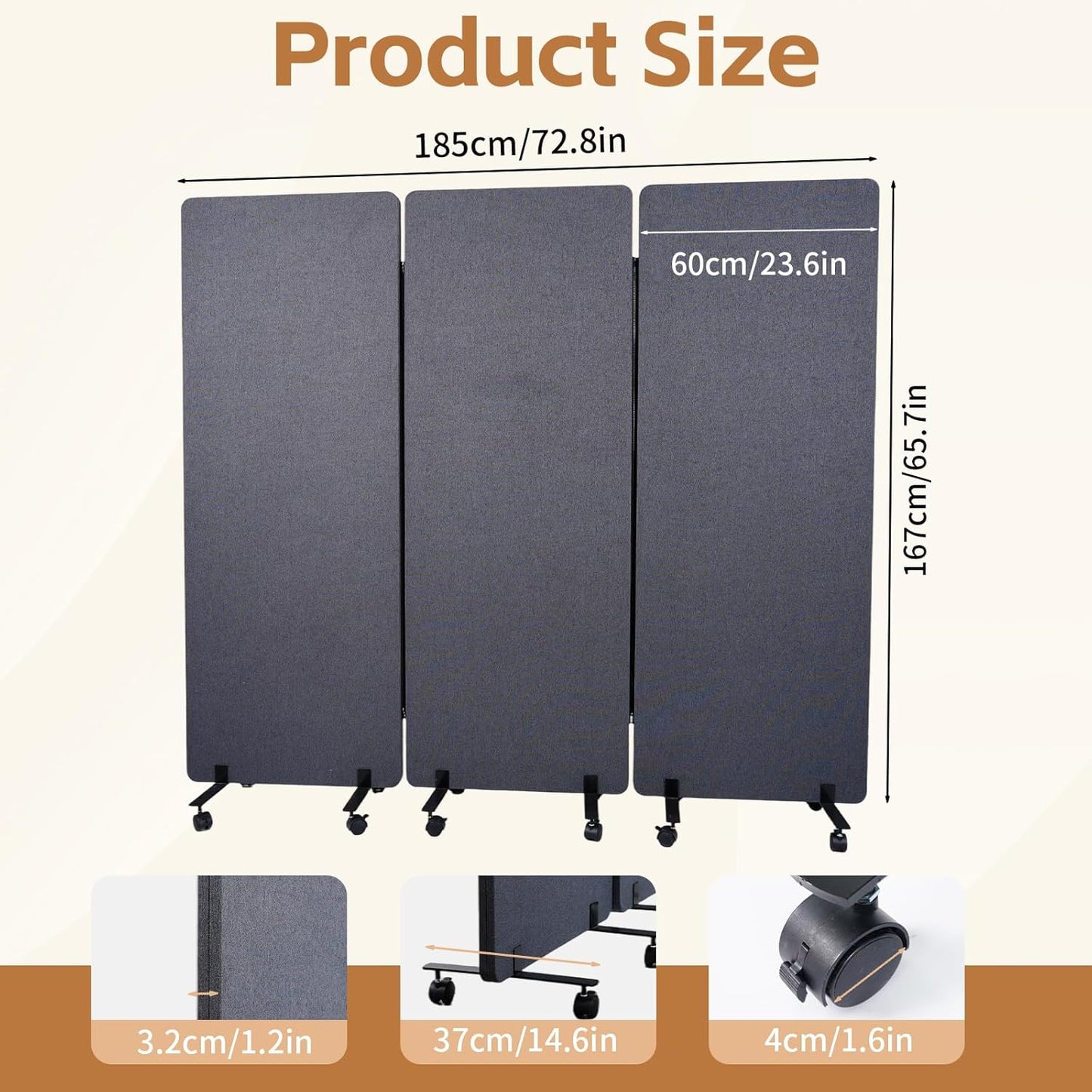 Maeklon 72 "x 66" Freestanding Acoustic Room Divider, 3 Panel PET Polyester Soundproof Room Screen with Wheels, Portable Partition Divider for Office, Reception Room, School, Hospital