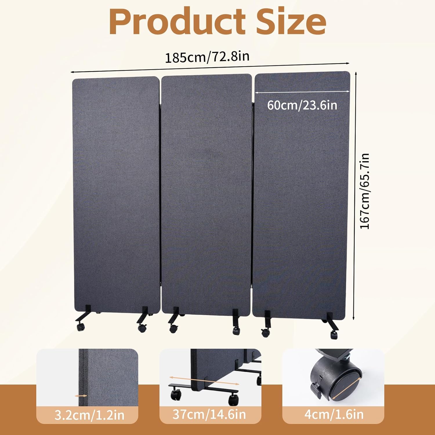 Maeklon 72 "x 66" Freestanding Acoustic Room Divider, 3 Panel PET Polyester Soundproof Room Screen with Wheels, Portable Partition Divider for Office, Reception Room, School, Hospital