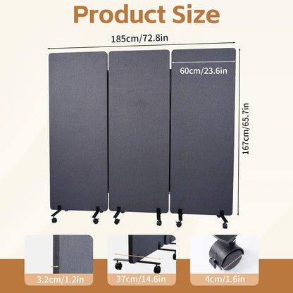 Maeklon 72 "x 66" Freestanding Acoustic Room Divider, 3 Panel PET Polyester Soundproof Room Screen with Wheels, Portable Partition Divider for Office, Reception Room, School, Hospital