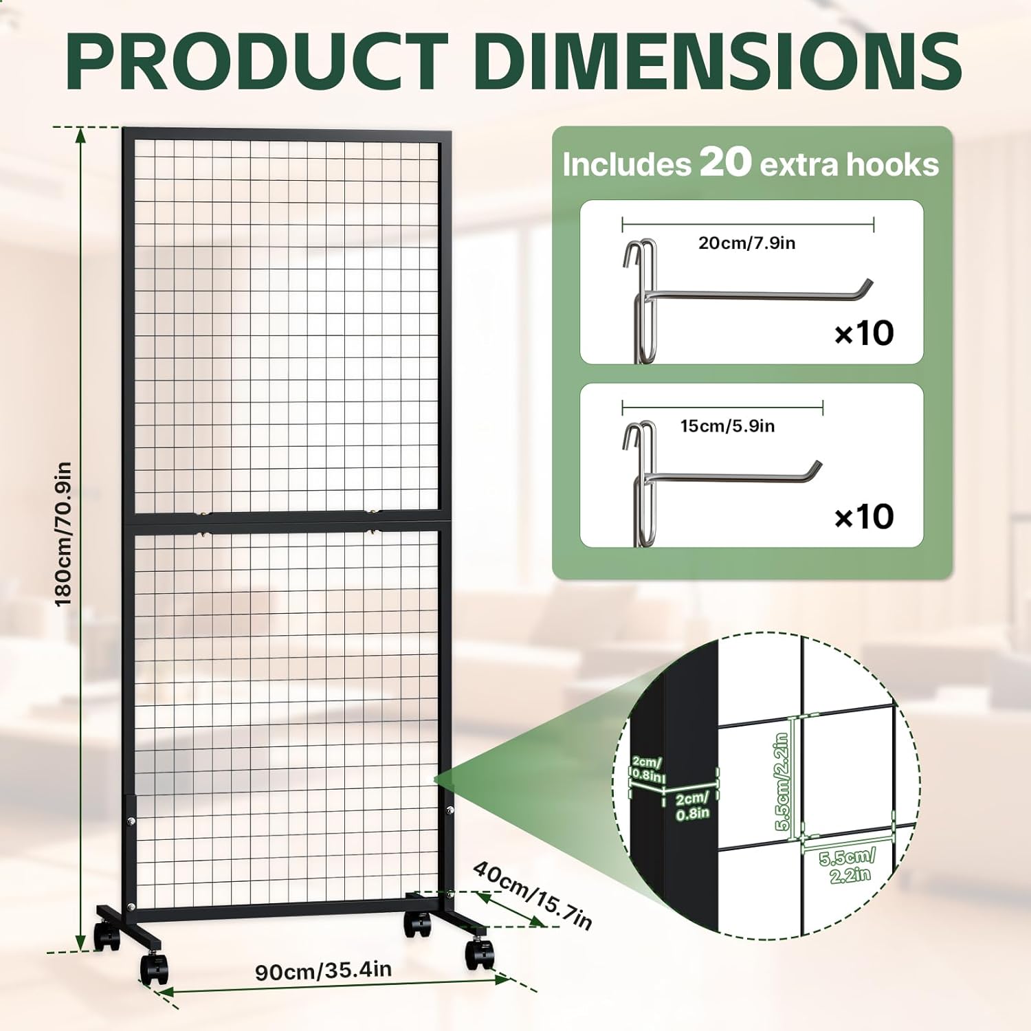 Maeklon 3 Pack Grid Wall Panel Display Stand, Wire Grid Wall Display Rack with 20 Grid Hooks, Floor-standing Art Display Panels with Wheels, for Art Craft Show, Retail Display