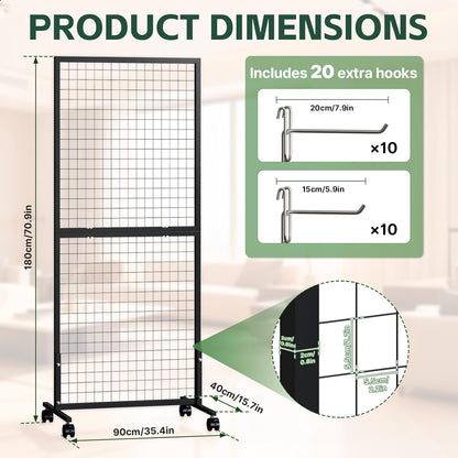 Maeklon 3 Pack Grid Wall Panel Display Stand, Wire Grid Wall Display Rack with 20 Grid Hooks, Floor-standing Art Display Panels with Wheels, for Art Craft Show, Retail Display
