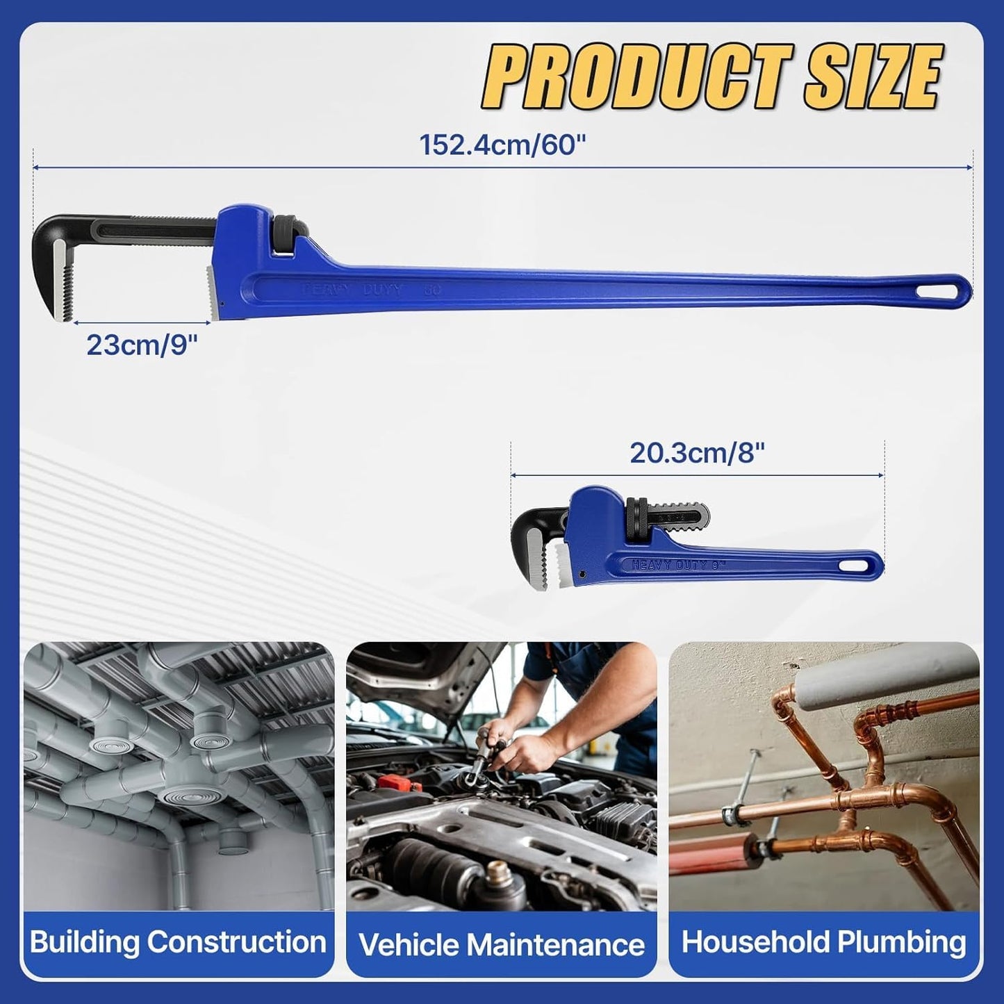 Maeklon 60 Inch Pipe Wrench, Jaw Opening Max 9", Adjustable Plumber Tool with Gloves and 8" Pipe Wrench, Carbon Steel Straight Handle Plumbing Wrench, for Mechanics, Plumbing, Construction, Blue