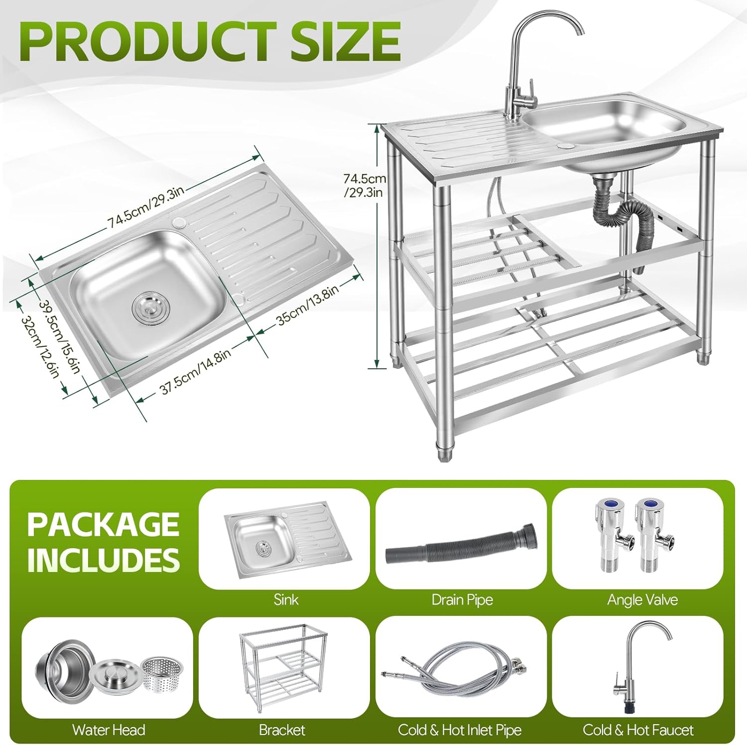 Maeklon Outdoor Utility Sink, Stainless Steel Laundry Tub Sink with Double-Layer Storage Shelves, Single Bowl Portable Washing Hand Basin Station with Double Temperature Faucet, for Garage, Kitchen, Camping