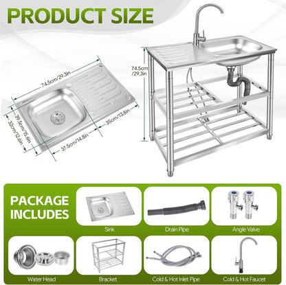 Maeklon Outdoor Utility Sink, Stainless Steel Laundry Tub Sink with Double-Layer Storage Shelves, Single Bowl Portable Washing Hand Basin Station with Double Temperature Faucet, for Garage, Kitchen, Camping
