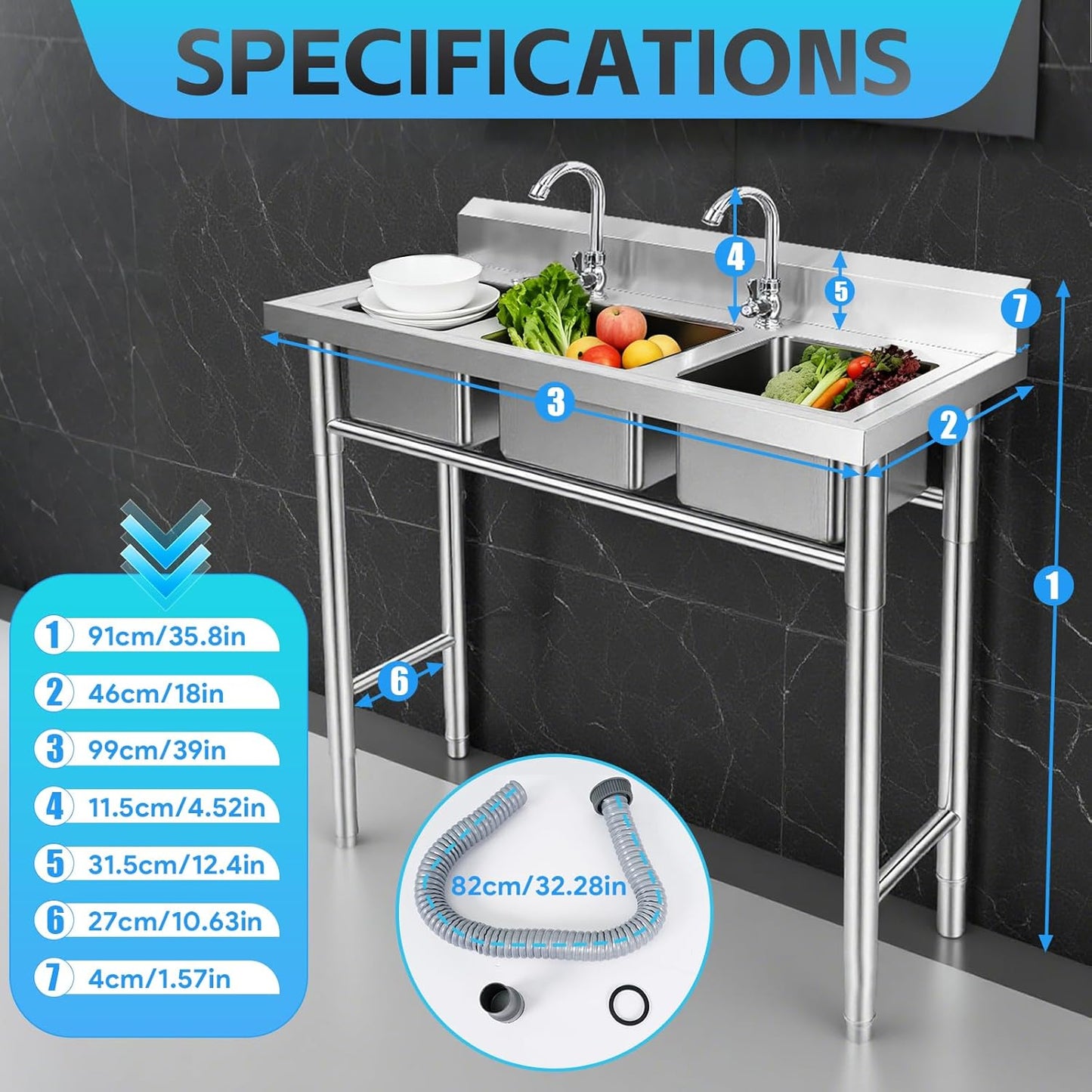 ‎Maeklon 3-Compartment Sink, 39'' x 18'' x 36'' Stainless Steel Utility Sink, Free Standing Three Bowl Kitchen Sink Set with 2 Faucets Hot & Cold Water Pipes for Food Truck, Bar, Restaurant