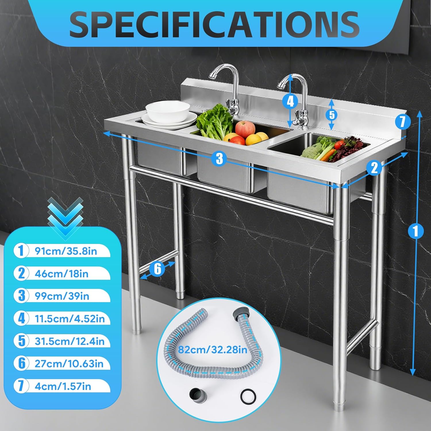 ‎Maeklon 3-Compartment Sink, 39'' x 18'' x 36'' Stainless Steel Utility Sink, Free Standing Three Bowl Kitchen Sink Set with 2 Faucets Hot & Cold Water Pipes for Food Truck, Bar, Restaurant