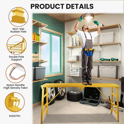 Foldable Scaffolding Platform, 36.2-62 in Adjustable Scaffolding Platform, 70.9 x 15.2 in Portable Work Platform for Painting, Wiring, Window Cleaning, Garage and Construction, Yellow, 770 lb
