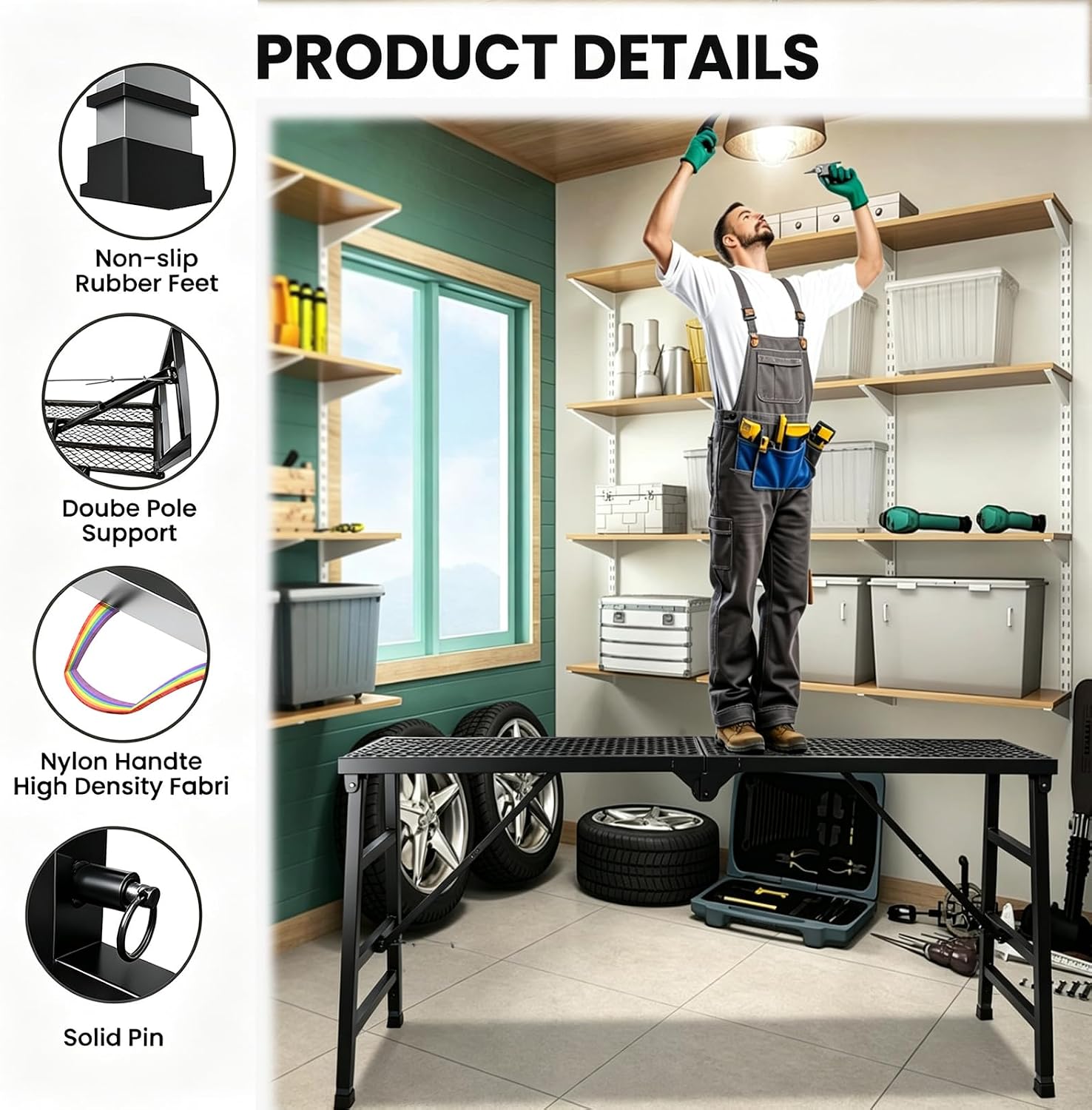 Foldable Scaffolding Platform, 36.2-62 in Portable Work Platform, Black , Heavy Duty Steel 70.8 x 15.2 in Portable Work Platform for Painting, Wiring, Window Cleaning, Garage and Construction
