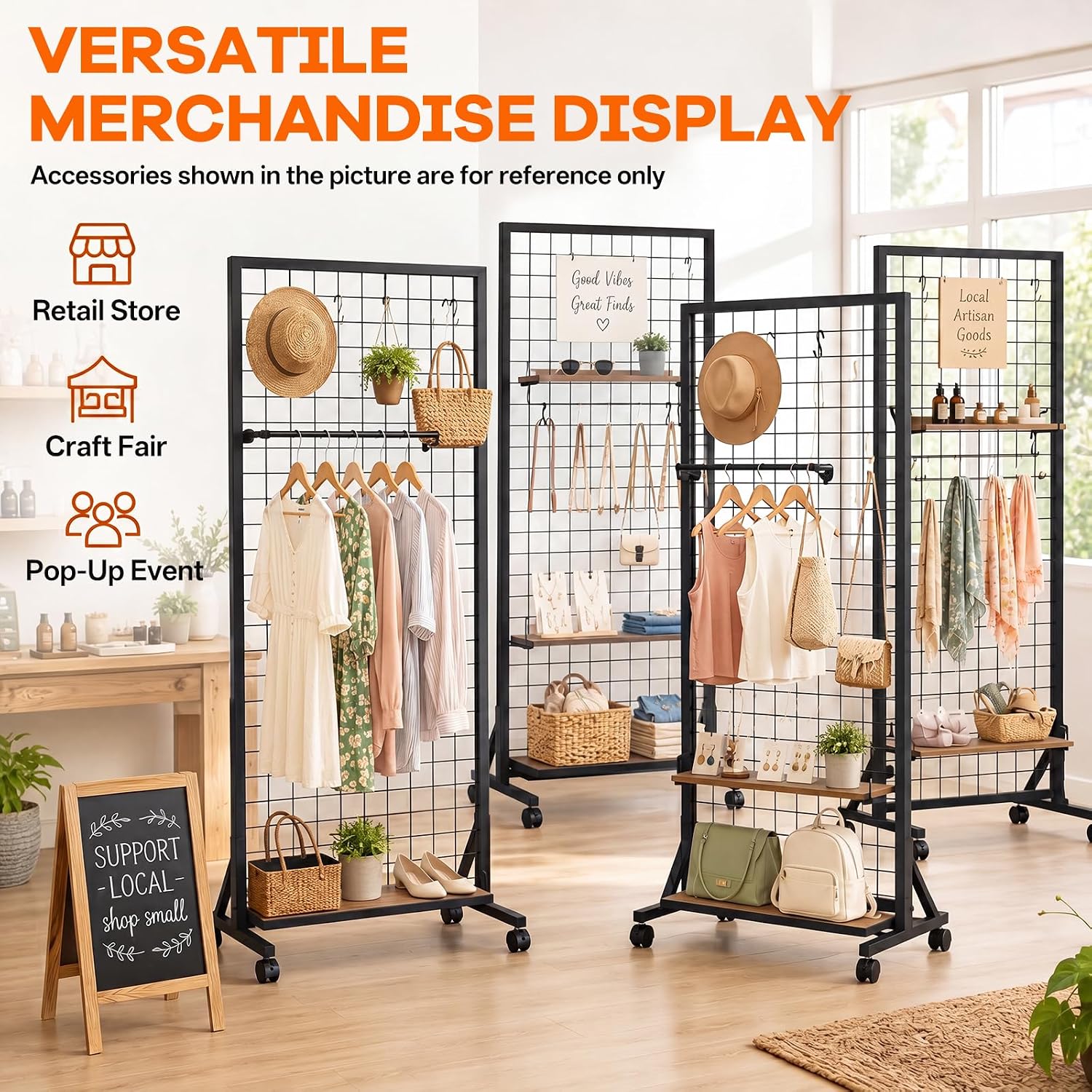 4 Pack Grid Wall Panel Rack, 2x6 Ft Metal Gridwall Display Stand with T-Base Wheels | Heavy-Duty Mobile Freestanding Racks with 80 Hooks, for Retail Store, Craft Show, Boutique, Black