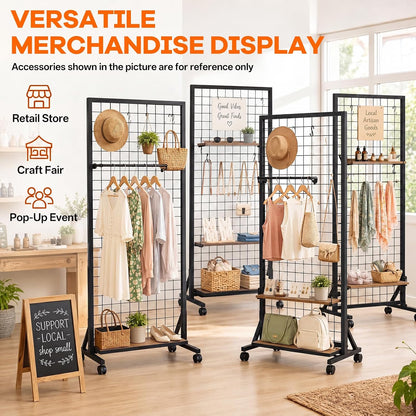 4 Pack Grid Wall Panel Rack, 2x6 Ft Metal Gridwall Display Stand with T-Base Wheels | Heavy-Duty Mobile Freestanding Racks with 80 Hooks, for Retail Store, Craft Show, Boutique, Black