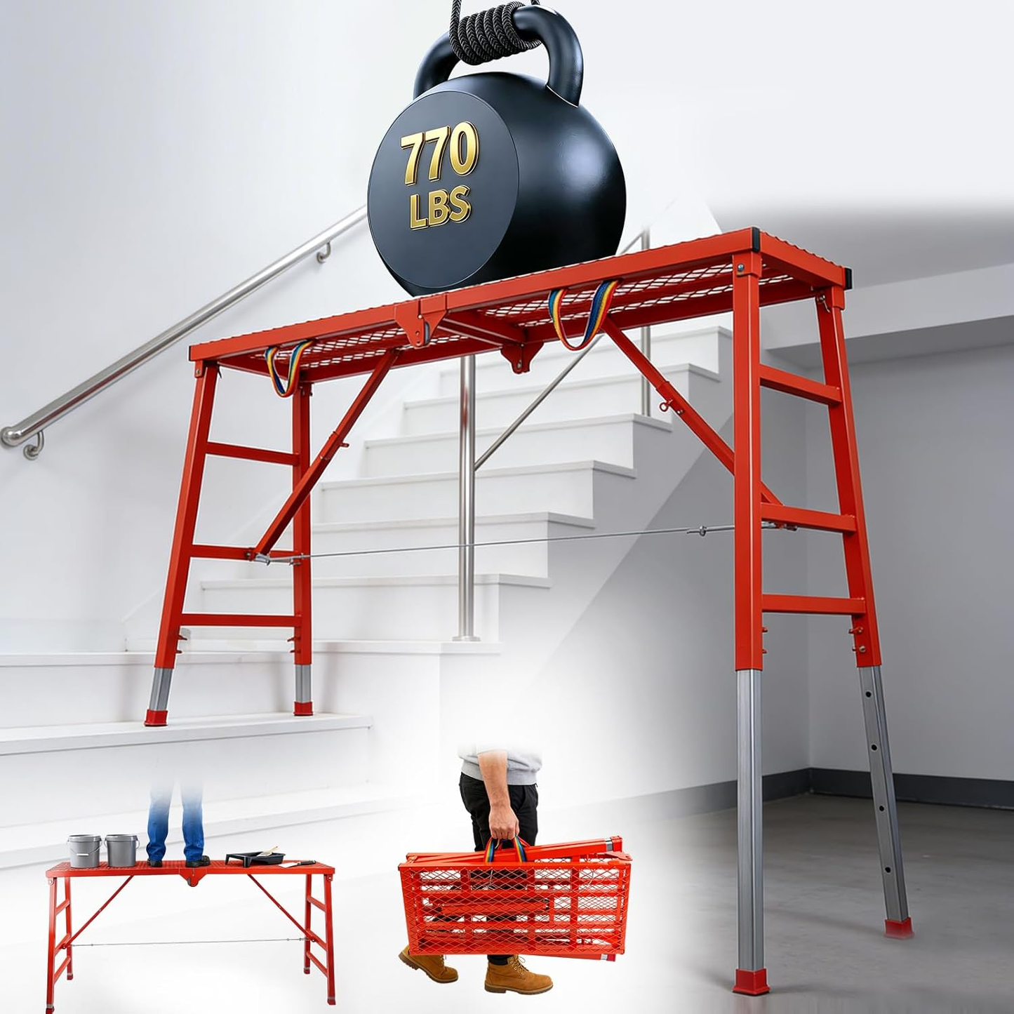 Maeklon Foldable Scaffolding Platform, 70.8x15.2x36.2-62 Inch Welded Steel Work Platform, 770 Lbs Capacity, Adjustable Height Industrial Step Ladders, Ideal for Painting, Wiring and Home Decor, Red