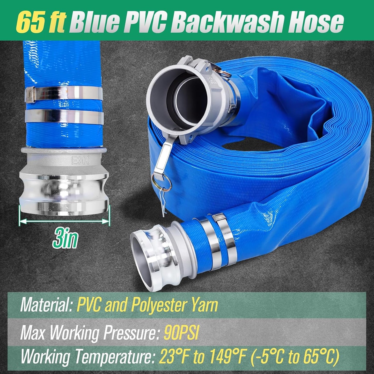Maeklon 3 Inch Discharge Hose Pump Kit, Suction Hose Kit with Carbon Steel Filter | Includes 20 Ft Suction Hose and 65 Ft PVC Discharge Hose for Water Transfer, Drainage, Backwashing and Pump Applications