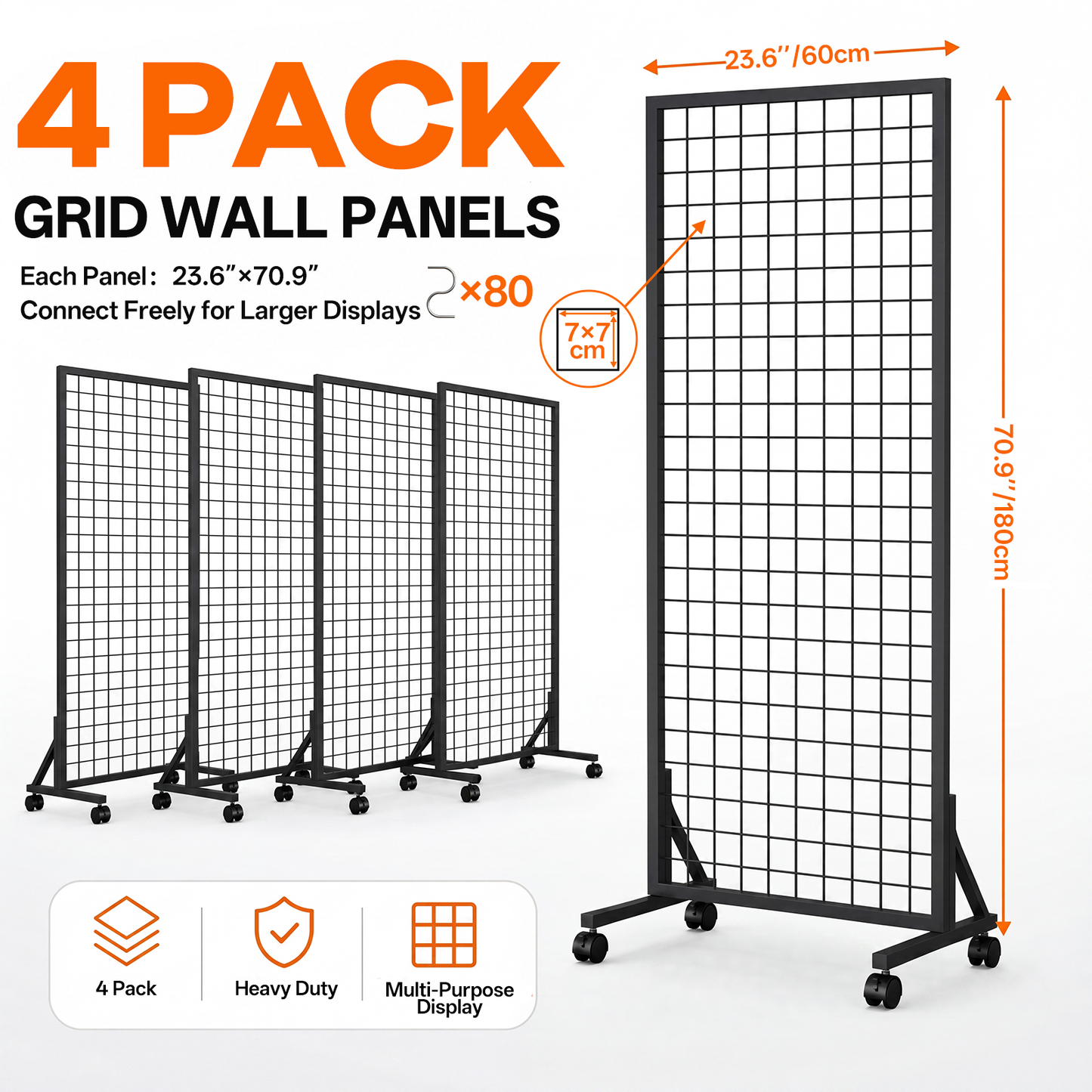 4 Pack Grid Wall Panel Rack, 2x6 Ft Metal Gridwall Display Stand with T-Base Wheels | Heavy-Duty Mobile Freestanding Racks with 80 Hooks, for Retail Store, Craft Show, Boutique, Black