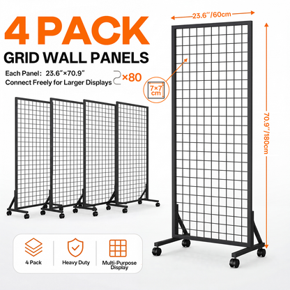 4 Pack Grid Wall Panel Rack, 2x6 Ft Metal Gridwall Display Stand with T-Base Wheels | Heavy-Duty Mobile Freestanding Racks with 80 Hooks, for Retail Store, Craft Show, Boutique, Black