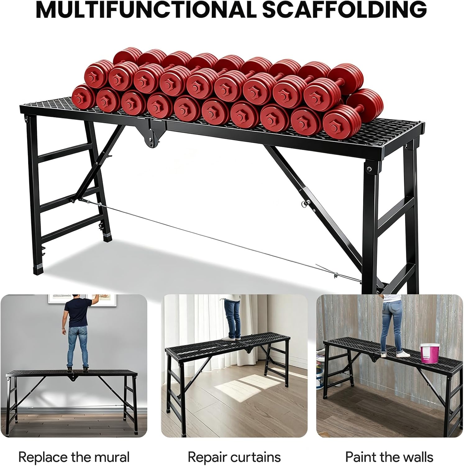 Foldable Scaffolding Platform, 36.2-62 in Portable Work Platform, Black , Heavy Duty Steel 70.8 x 15.2 in Portable Work Platform for Painting, Wiring, Window Cleaning, Garage and Construction