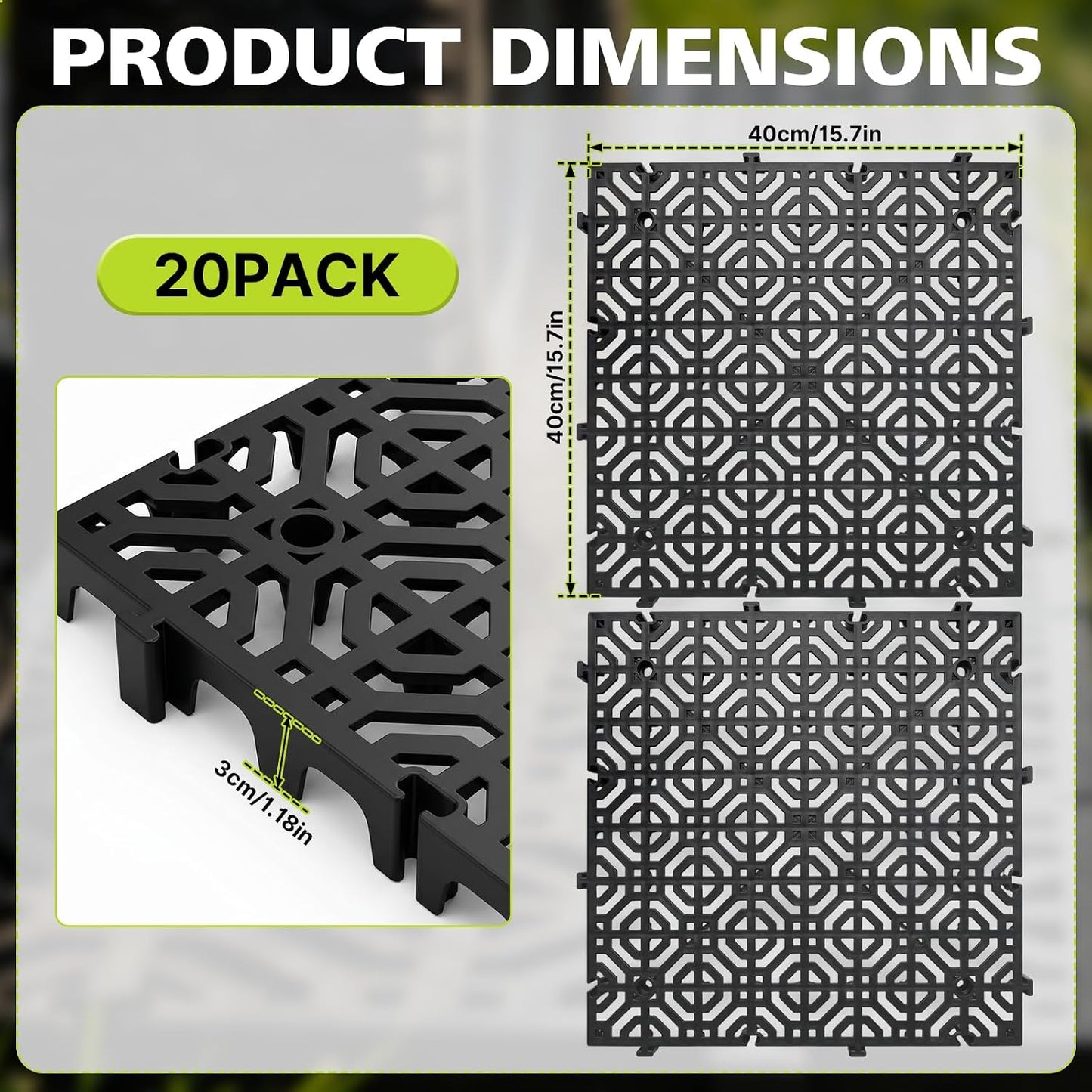 20 Pack Ground Protection Mats, 15.7"x15.7" Interlocking Plastic Grid Panel | 1.18" Thick Heavy-Duty Drainage Pavers for Lawns, Gravel, Parking Areas, Pathways and Outdoor Event Flooring