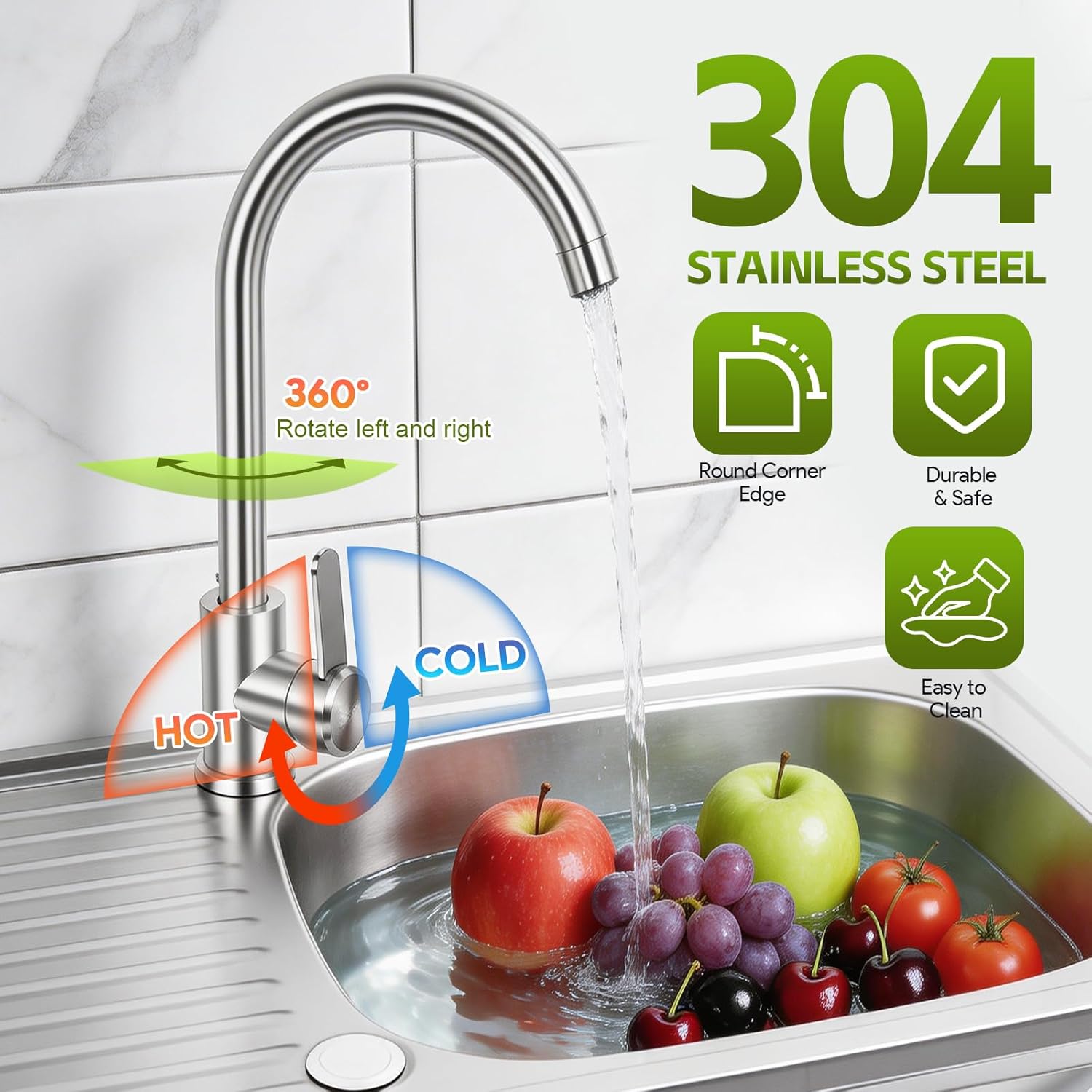 Maeklon Outdoor Utility Sink, Stainless Steel Laundry Tub Sink with Double-Layer Storage Shelves, Single Bowl Portable Washing Hand Basin Station with Double Temperature Faucet, for Garage, Kitchen, Camping