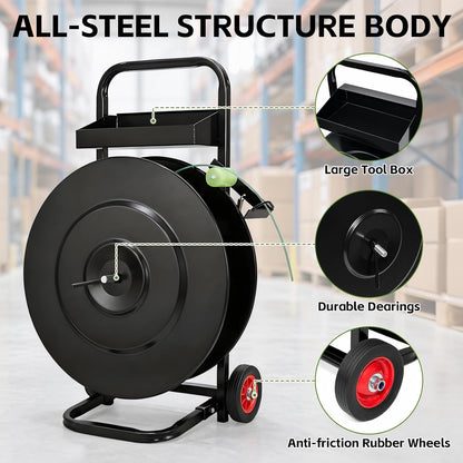 Banding Strapping Cart for 8"/16" Core, Strapping Dispenser with Wheels | Mobile Large-Reel Strapping Dispenser for PET, PP and Fiber Coils with Split-Leg Frame for Warehouses, Packaging Station