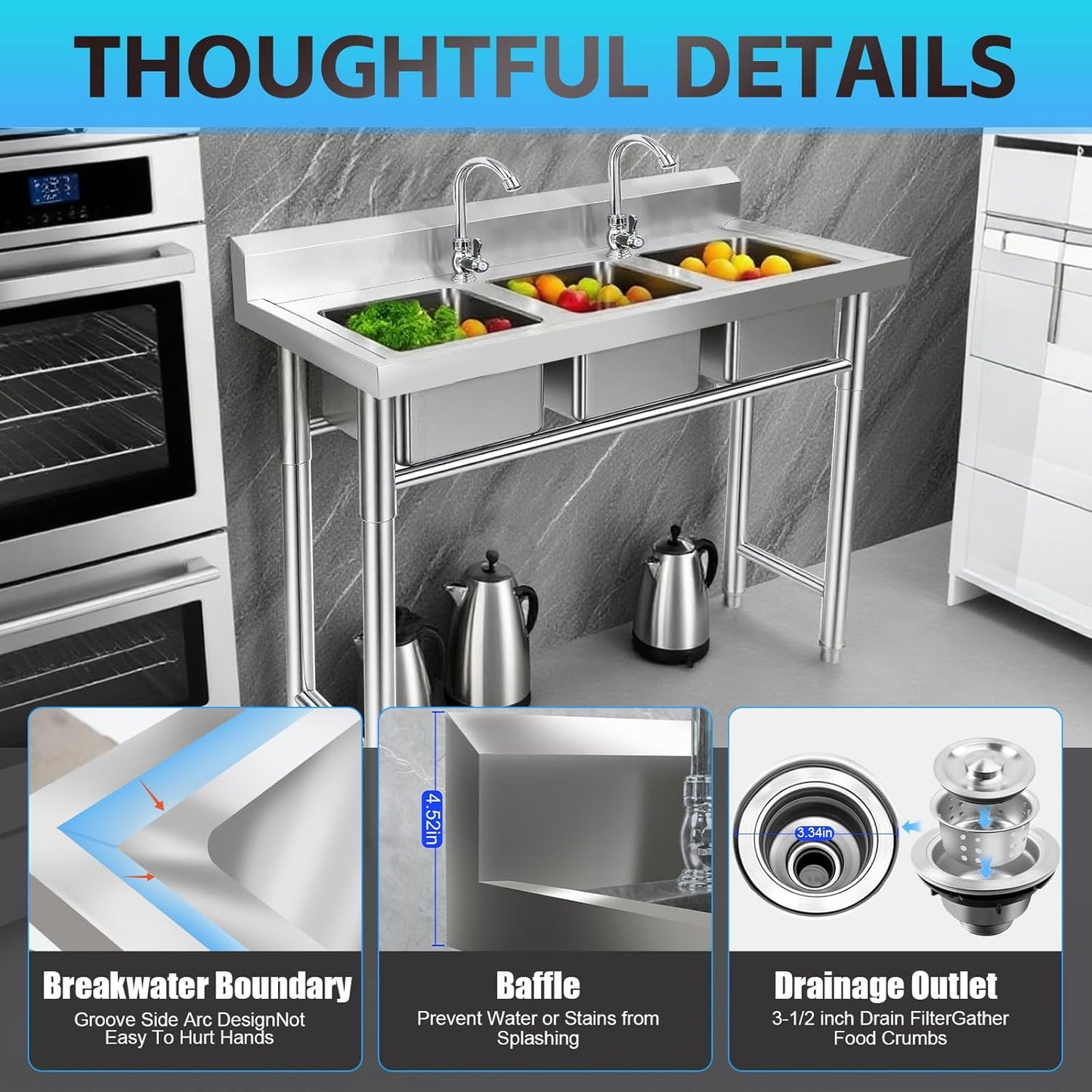 ‎Maeklon 3-Compartment Sink, 39'' x 18'' x 36'' Stainless Steel Utility Sink, Free Standing Three Bowl Kitchen Sink Set with 2 Faucets Hot & Cold Water Pipes for Food Truck, Bar, Restaurant