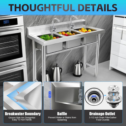 ‎Maeklon 3-Compartment Sink, 39'' x 18'' x 36'' Stainless Steel Utility Sink, Free Standing Three Bowl Kitchen Sink Set with 2 Faucets Hot & Cold Water Pipes for Food Truck, Bar, Restaurant
