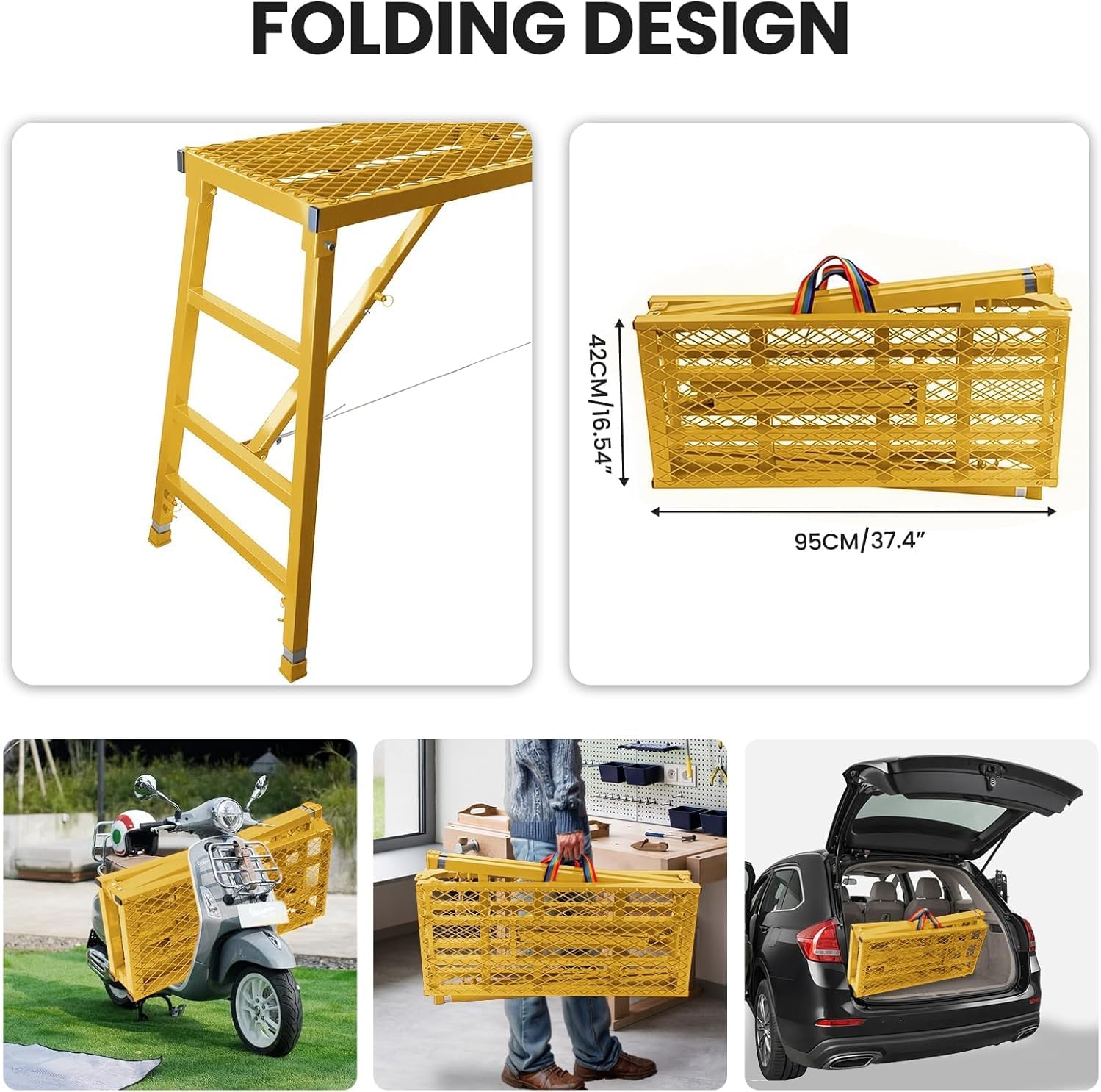 Foldable Scaffolding Platform, 36.2-62 in Adjustable Scaffolding Platform, 70.9 x 15.2 in Portable Work Platform for Painting, Wiring, Window Cleaning, Garage and Construction, Yellow, 770 lb