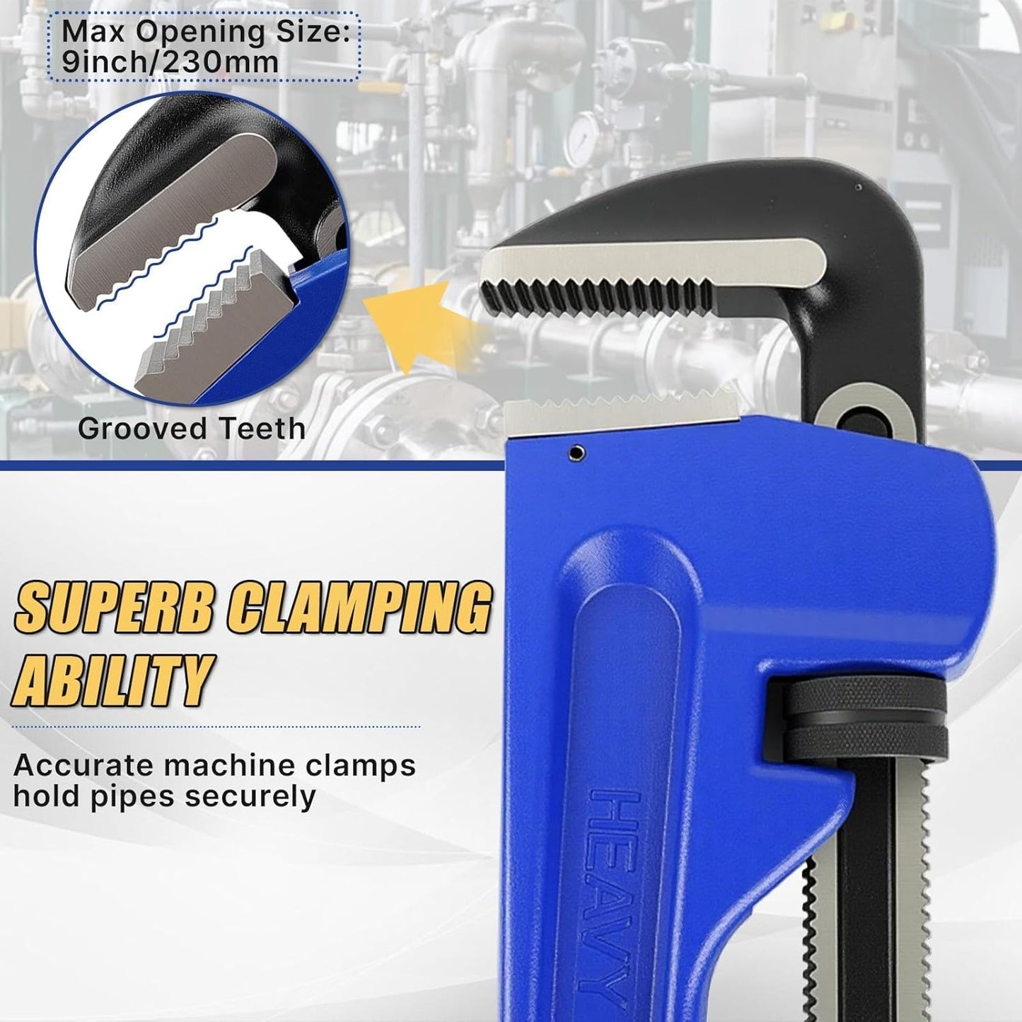 Maeklon 60 Inch Pipe Wrench, Jaw Opening Max 9", Adjustable Plumber Tool with Gloves and 8" Pipe Wrench, Carbon Steel Straight Handle Plumbing Wrench, for Mechanics, Plumbing, Construction, Blue