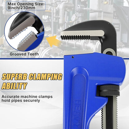 Maeklon 60 Inch Pipe Wrench, Jaw Opening Max 9", Adjustable Plumber Tool with Gloves and 8" Pipe Wrench, Carbon Steel Straight Handle Plumbing Wrench, for Mechanics, Plumbing, Construction, Blue