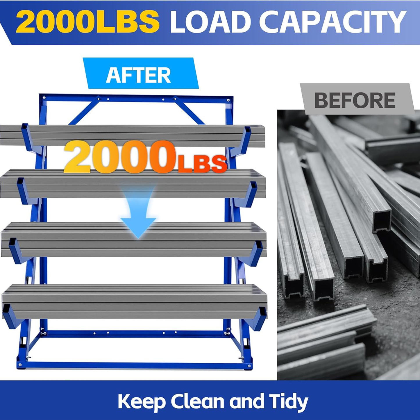 Maeklon Industrial Steel 4 Tier Horizontal Lumber Storage Rack, 2000lbs Load Capacity, Heavy Duty Lumber Storage Rack, Adjustable Utility Cantilever Rack for Garage, Workshop and Shed
