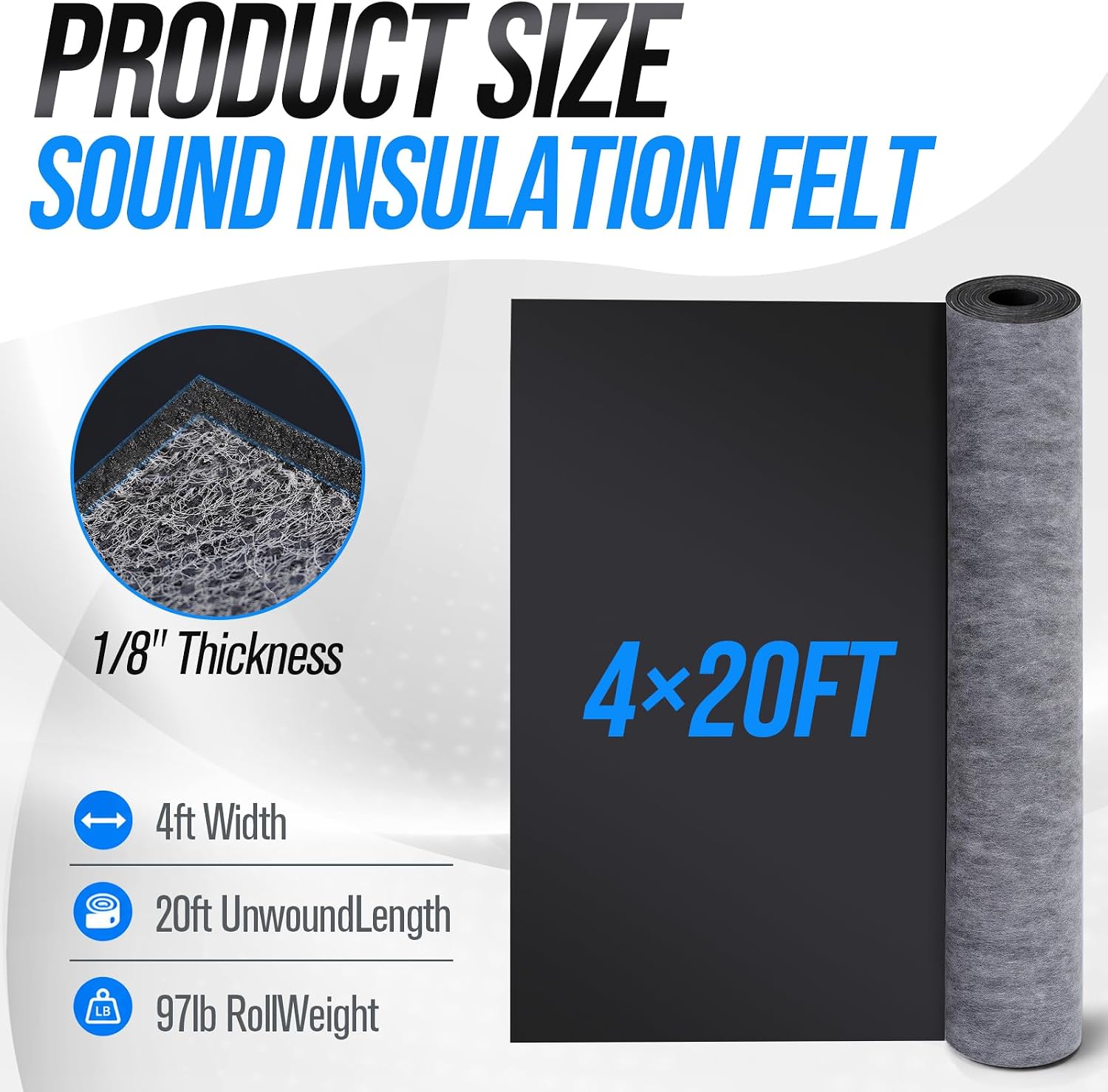 Maeklon 4 Ft x 20 Ft Mass Loaded Vinyl, 1/8 Inch Thick 1Lb/Ft2 Sound Barrier | 80 Sq Ft MLV Noise Barrier Material for Walls, Floors, Ceilings, Studios, Offices and Home Improvement Projects