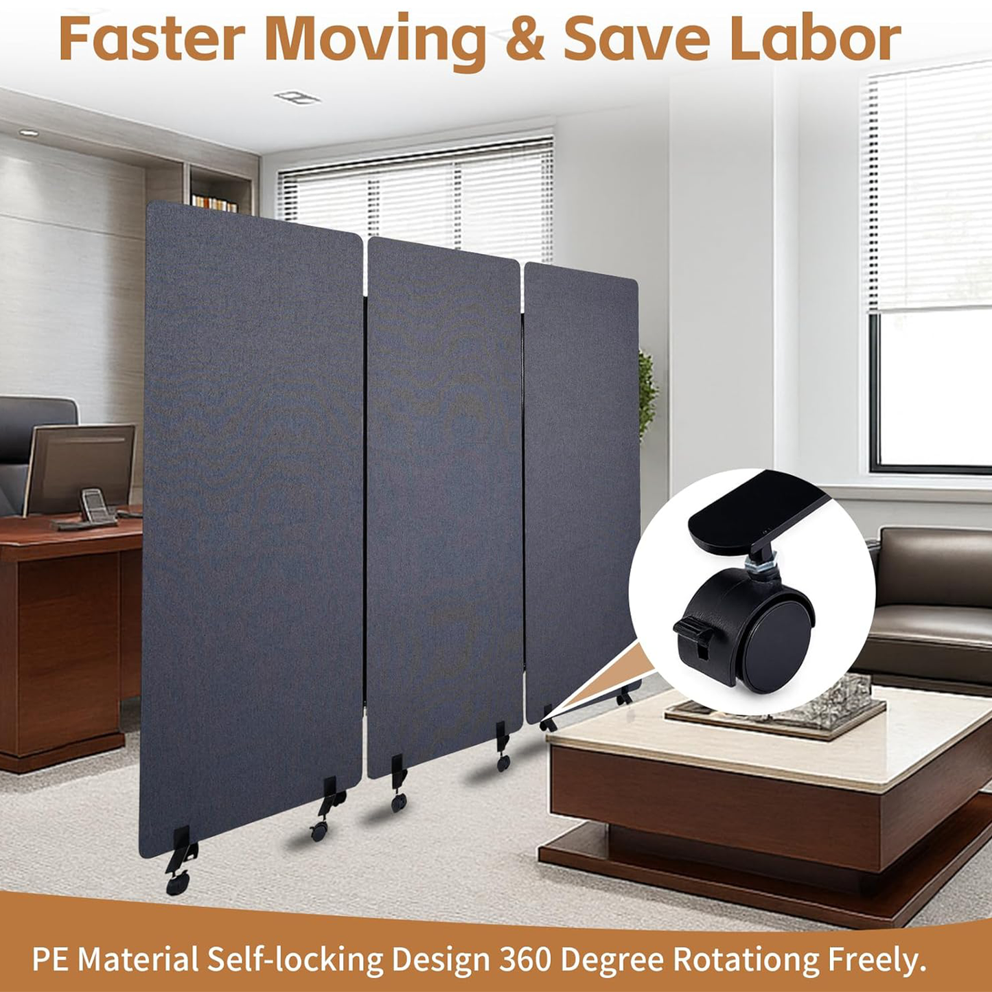 Maeklon 72 "x 66" Freestanding Acoustic Room Divider, 3 Panel PET Polyester Soundproof Room Screen with Wheels, Portable Partition Divider for Office, Reception Room, School, Hospital