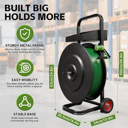 Banding Strapping Cart for 8"/16" Core, Strapping Dispenser with Wheels | Mobile Large-Reel Strapping Dispenser for PET, PP and Fiber Coils with Split-Leg Frame for Warehouses, Packaging Station