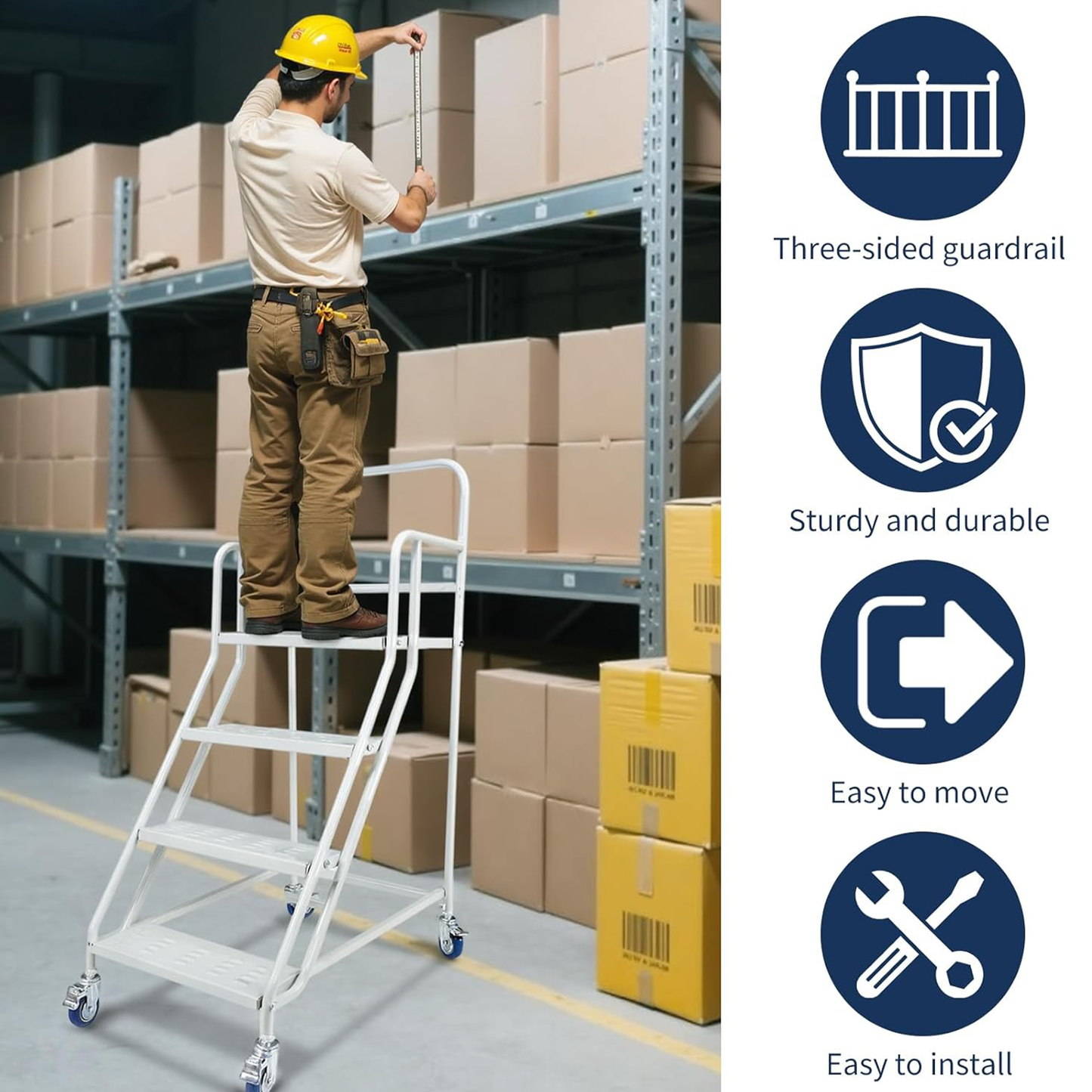 Maeklon 4-Step Rolling Stairs with Wheels,445 LBs Capacity Rolling Platform Ladder,4-Step Ladder with Stair Edge Protector, Heavy Duty Rolling Steps for Industrial & Warehouse