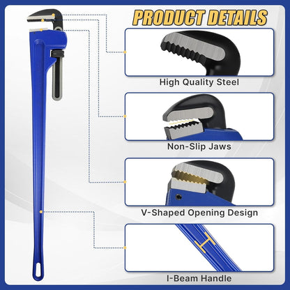 Maeklon 60 Inch Pipe Wrench, Jaw Opening Max 9", Adjustable Plumber Tool with Gloves and 8" Pipe Wrench, Carbon Steel Straight Handle Plumbing Wrench, for Mechanics, Plumbing, Construction, Blue