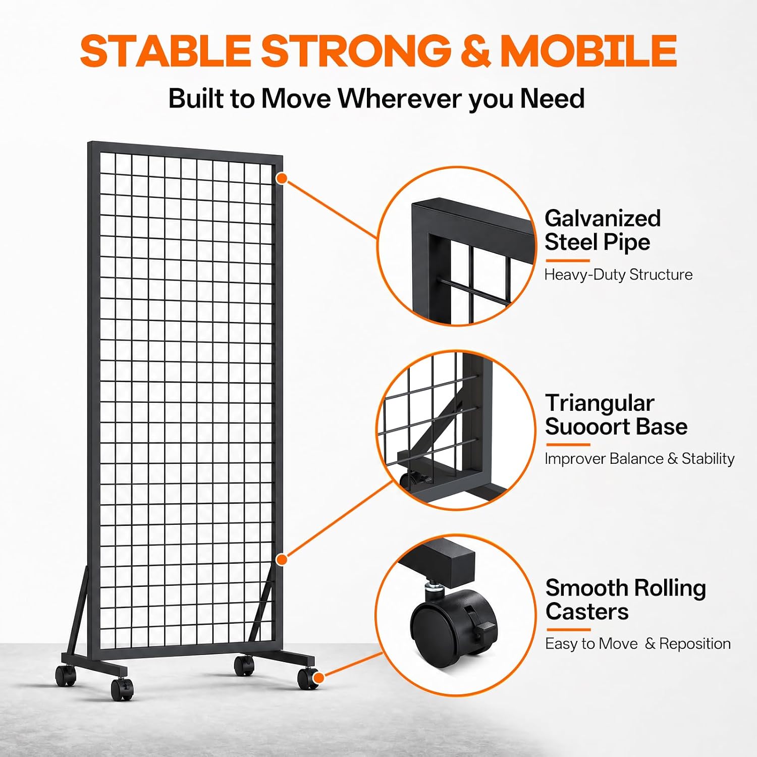 4 Pack Grid Wall Panel Rack, 2x6 Ft Metal Gridwall Display Stand with T-Base Wheels | Heavy-Duty Mobile Freestanding Racks with 80 Hooks, for Retail Store, Craft Show, Boutique, Black