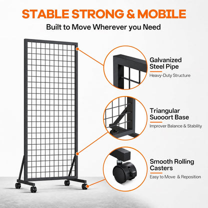 4 Pack Grid Wall Panel Rack, 2x6 Ft Metal Gridwall Display Stand with T-Base Wheels | Heavy-Duty Mobile Freestanding Racks with 80 Hooks, for Retail Store, Craft Show, Boutique, Black