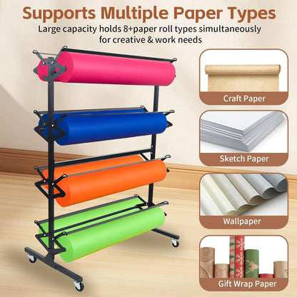 Maeklon Paper Roll Dispenser Holder, Dispenser Rack and Cutter for Up to 8 Roll 36 Inch Wide Rolls, Mobile Rolling Organizer, Ideal for Butcher, Craft, ArtGift Paper