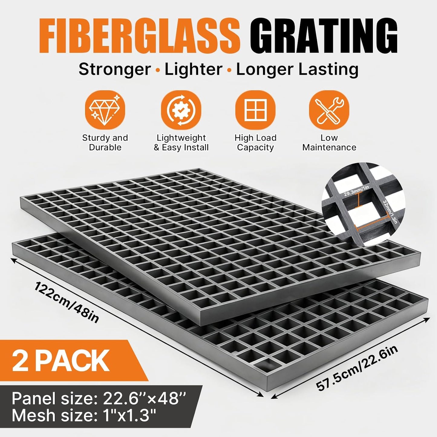 2 Pack Fiberglass Grating, 48"x22.6"x1.3" Molded FRP Panels | Open Mesh Grate with Concave Surface for Drain, Deck, Car Wash, Walkway and Industrial Flooring