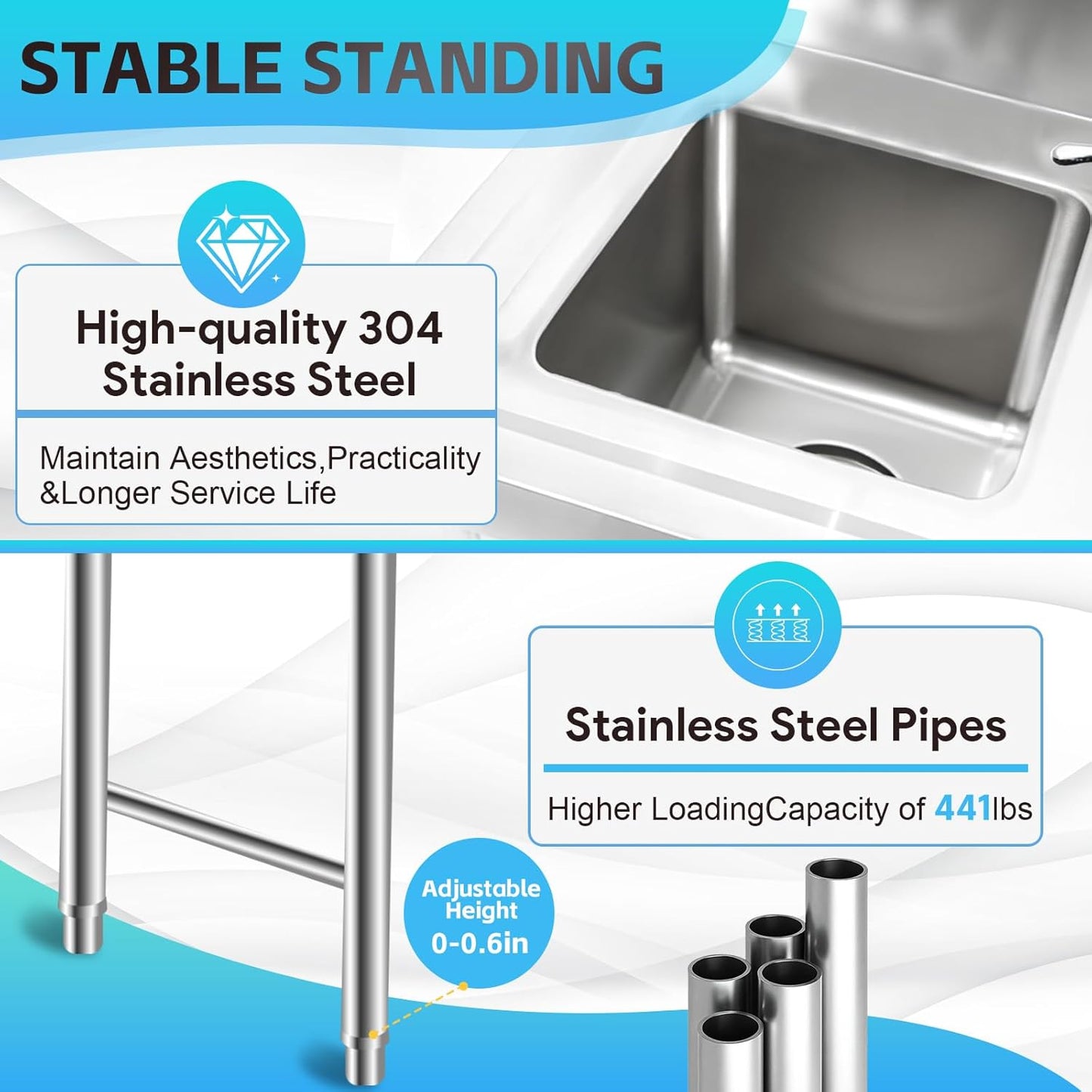 ‎Maeklon 3-Compartment Sink, 39'' x 18'' x 36'' Stainless Steel Utility Sink, Free Standing Three Bowl Kitchen Sink Set with 2 Faucets Hot & Cold Water Pipes for Food Truck, Bar, Restaurant