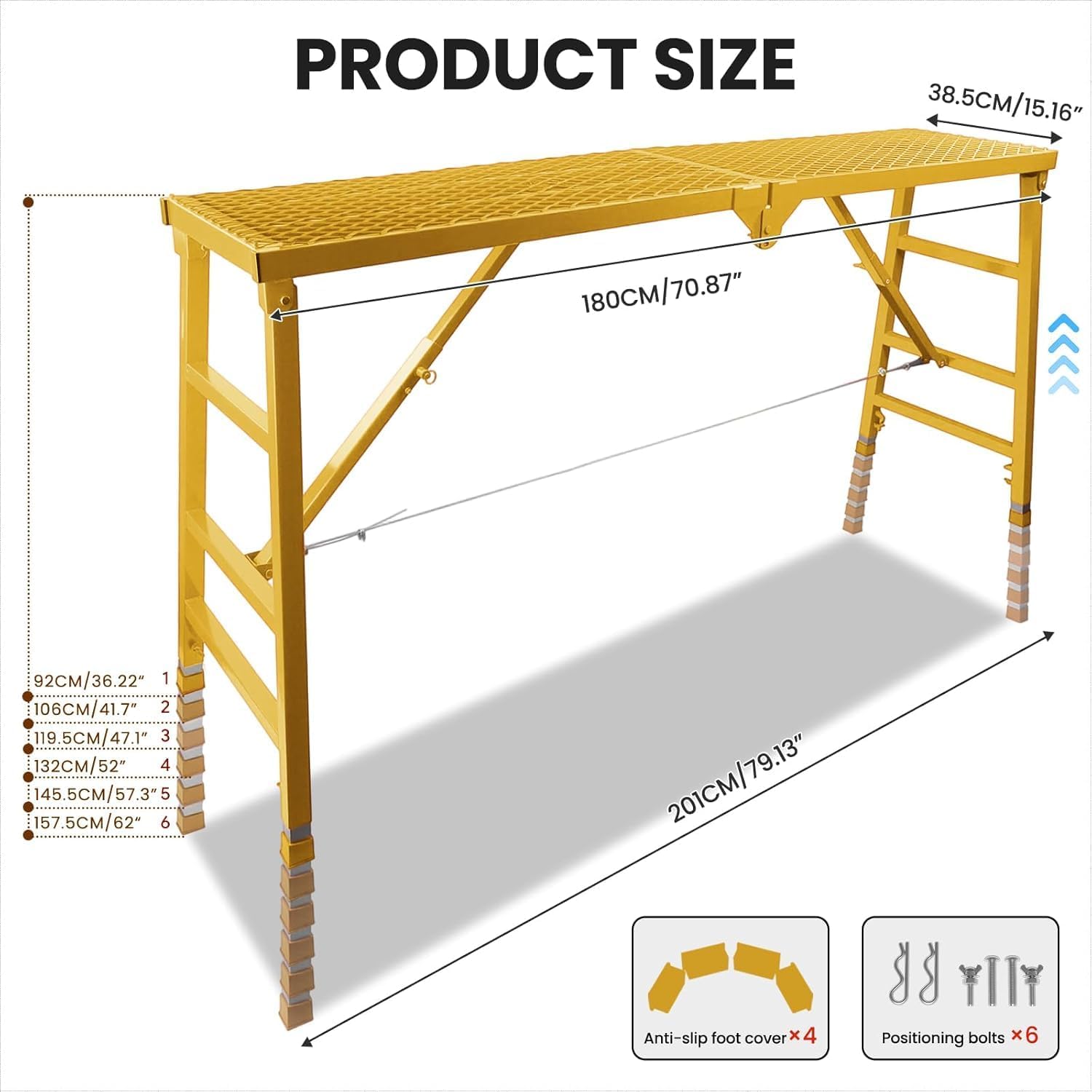 Foldable Scaffolding Platform, 36.2-62 in Adjustable Scaffolding Platform, 70.9 x 15.2 in Portable Work Platform for Painting, Wiring, Window Cleaning, Garage and Construction, Yellow, 770 lb
