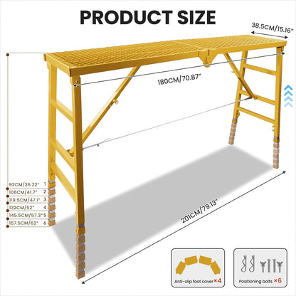 Foldable Scaffolding Platform, 36.2-62 in Adjustable Scaffolding Platform, 70.9 x 15.2 in Portable Work Platform for Painting, Wiring, Window Cleaning, Garage and Construction, Yellow, 770 lb