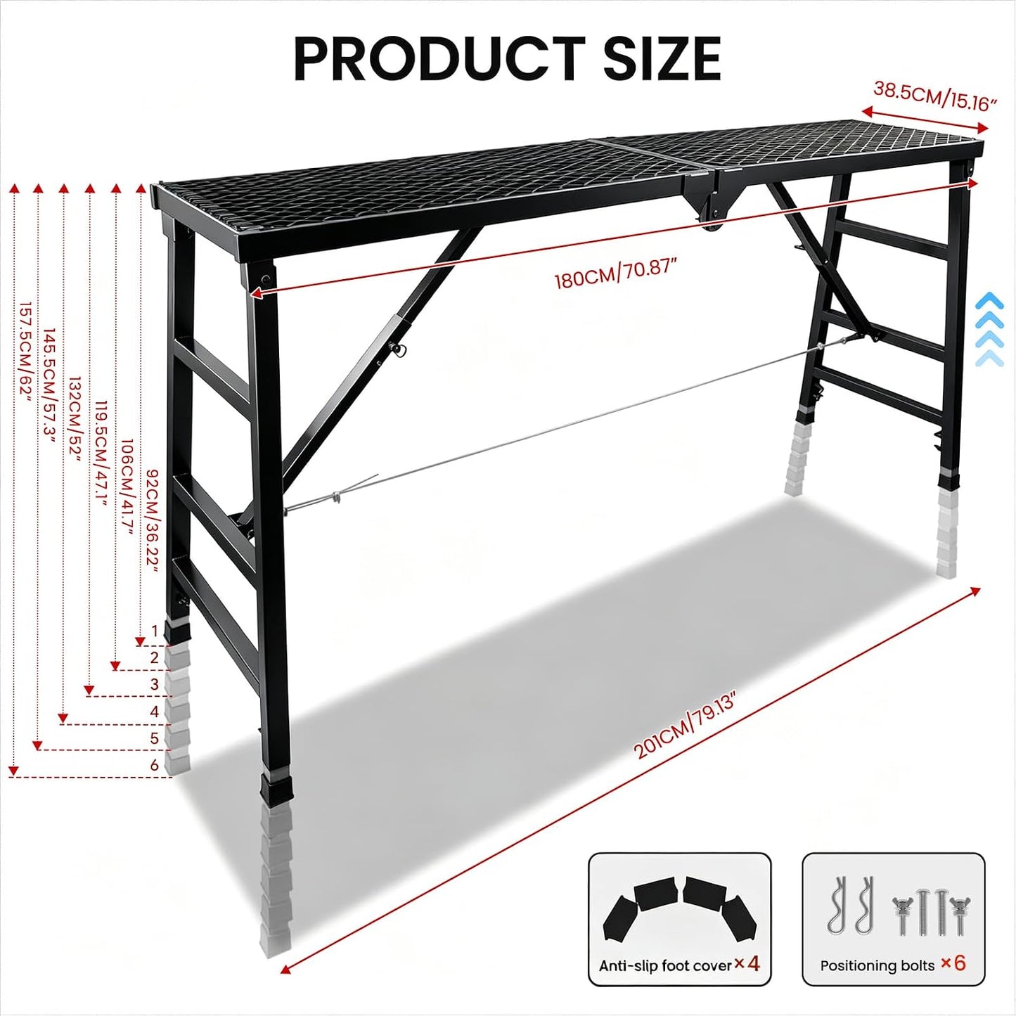 Foldable Scaffolding Platform, 36.2-62 in Portable Work Platform, Black , Heavy Duty Steel 70.8 x 15.2 in Portable Work Platform for Painting, Wiring, Window Cleaning, Garage and Construction