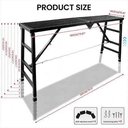 Foldable Scaffolding Platform, 36.2-62 in Portable Work Platform, Black , Heavy Duty Steel 70.8 x 15.2 in Portable Work Platform for Painting, Wiring, Window Cleaning, Garage and Construction