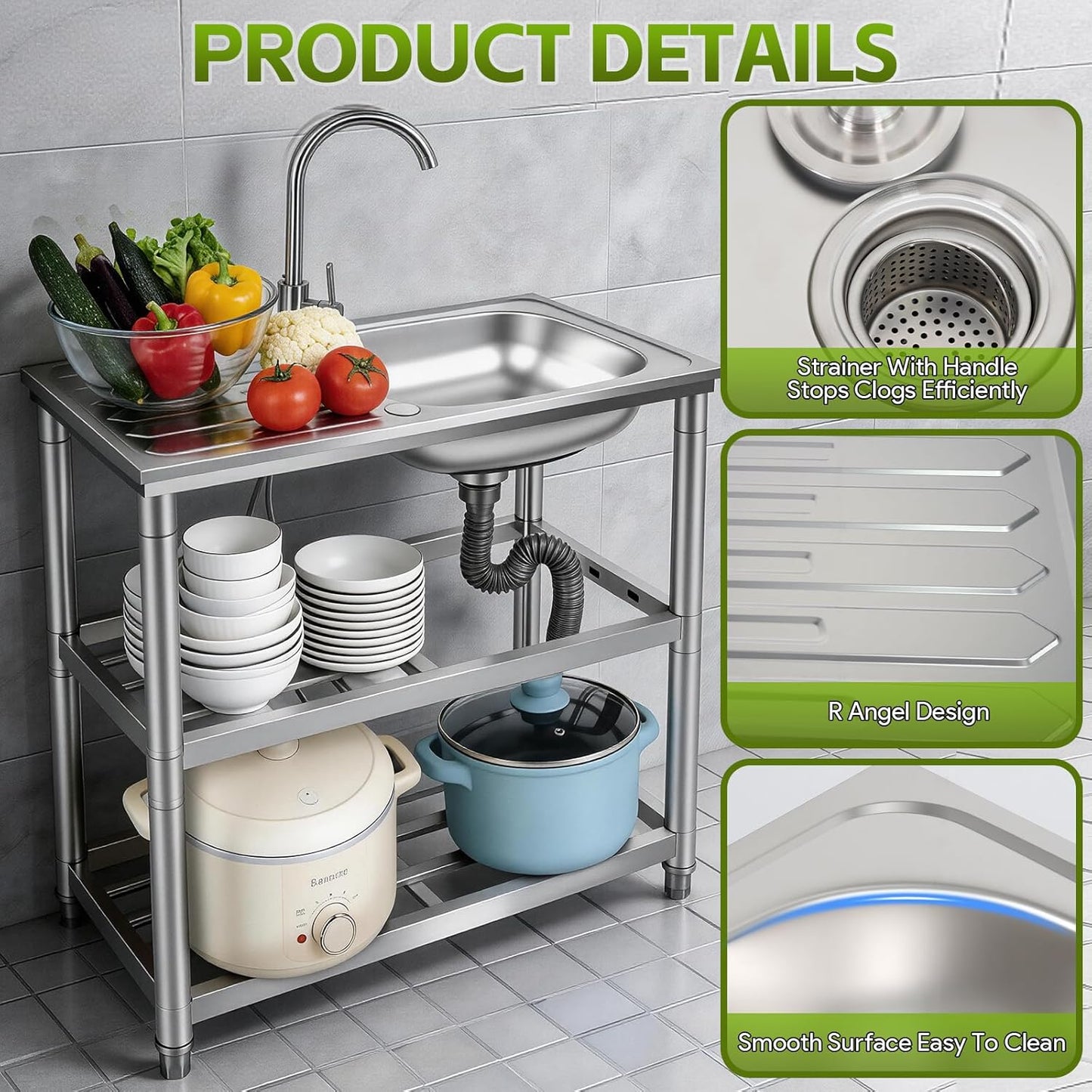 Maeklon Outdoor Utility Sink, Stainless Steel Laundry Tub Sink with Double-Layer Storage Shelves, Single Bowl Portable Washing Hand Basin Station with Double Temperature Faucet, for Garage, Kitchen, Camping