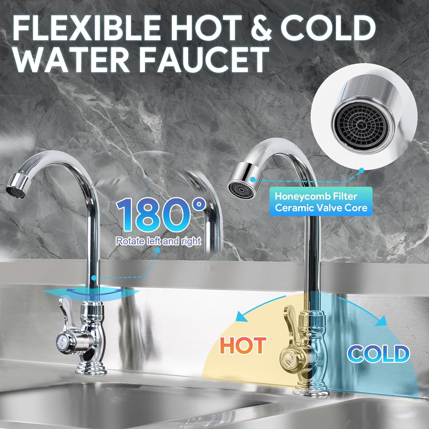 ‎Maeklon 3-Compartment Sink, 39'' x 18'' x 36'' Stainless Steel Utility Sink, Free Standing Three Bowl Kitchen Sink Set with 2 Faucets Hot & Cold Water Pipes for Food Truck, Bar, Restaurant