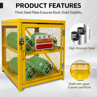 Maeklon Propane Tank Storage Box, Propane Storage Cage, 2 Tier Gas Cylinder Cabinet Fits for 20lbs and 33lbs Cylinder, for Warehouse and Factory, Yellow (30.1" Wx29.7 Lx35 H )