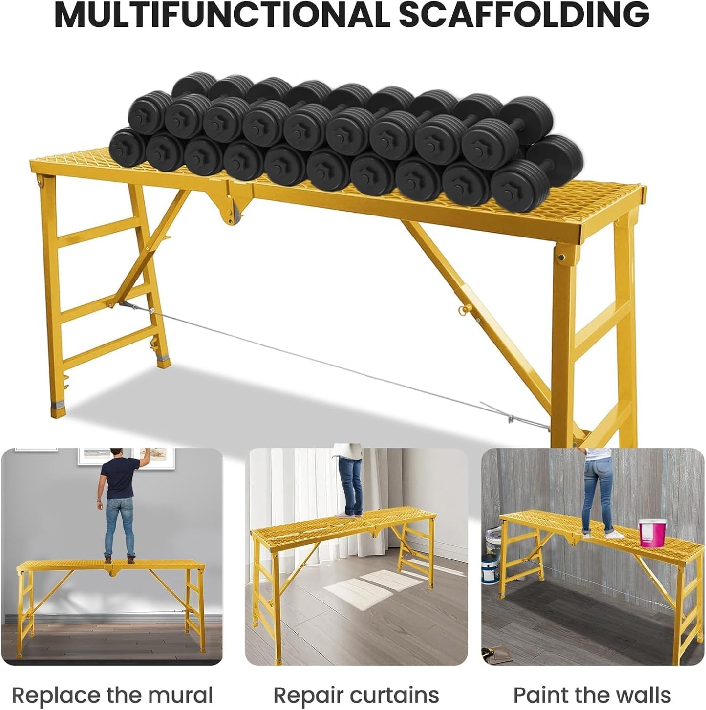 Foldable Scaffolding Platform, 36.2-62 in Adjustable Scaffolding Platform, 70.9 x 15.2 in Portable Work Platform for Painting, Wiring, Window Cleaning, Garage and Construction, Yellow, 770 lb