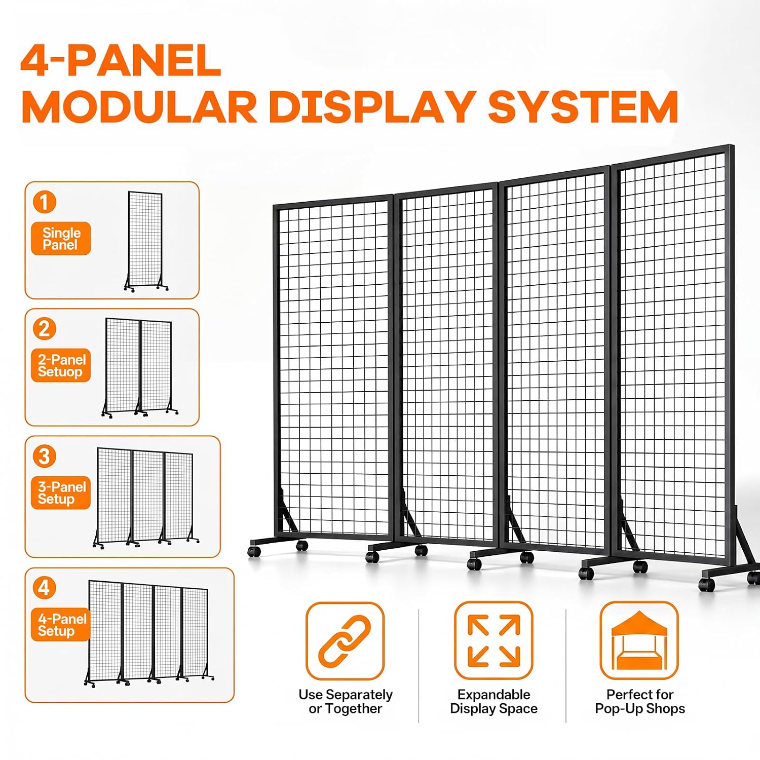 4 Pack Grid Wall Panel Rack, 2x6 Ft Metal Gridwall Display Stand with T-Base Wheels | Heavy-Duty Mobile Freestanding Racks with 80 Hooks, for Retail Store, Craft Show, Boutique, Black